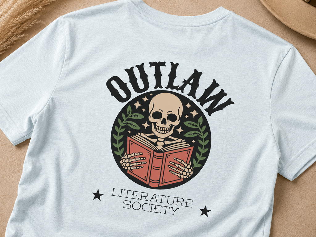 Outlaw Literature Society Tee — Skull Reading Graphic T-Shirt