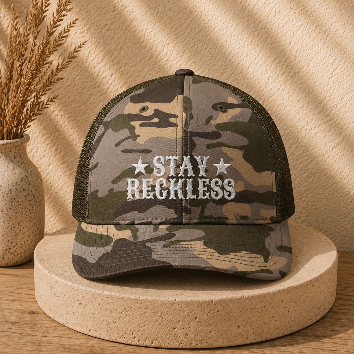 Camouflage Trucker Hat – Embroidered “Stay Reckless” Military Camo Cap