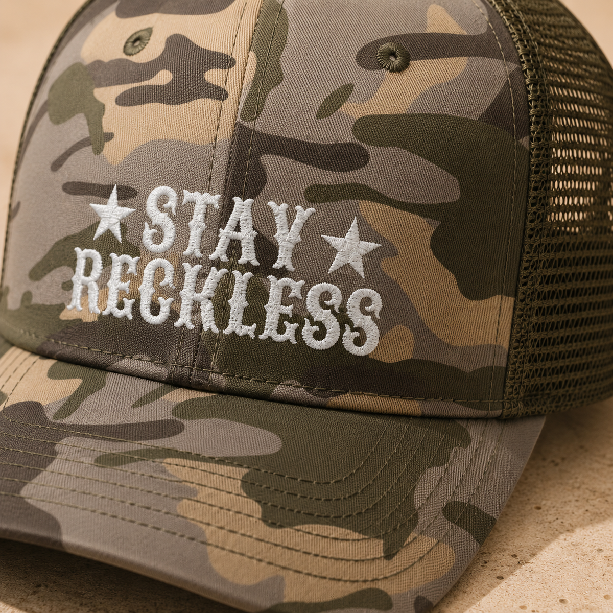 Camouflage Trucker Hat – Embroidered “Stay Reckless” Military Camo Cap