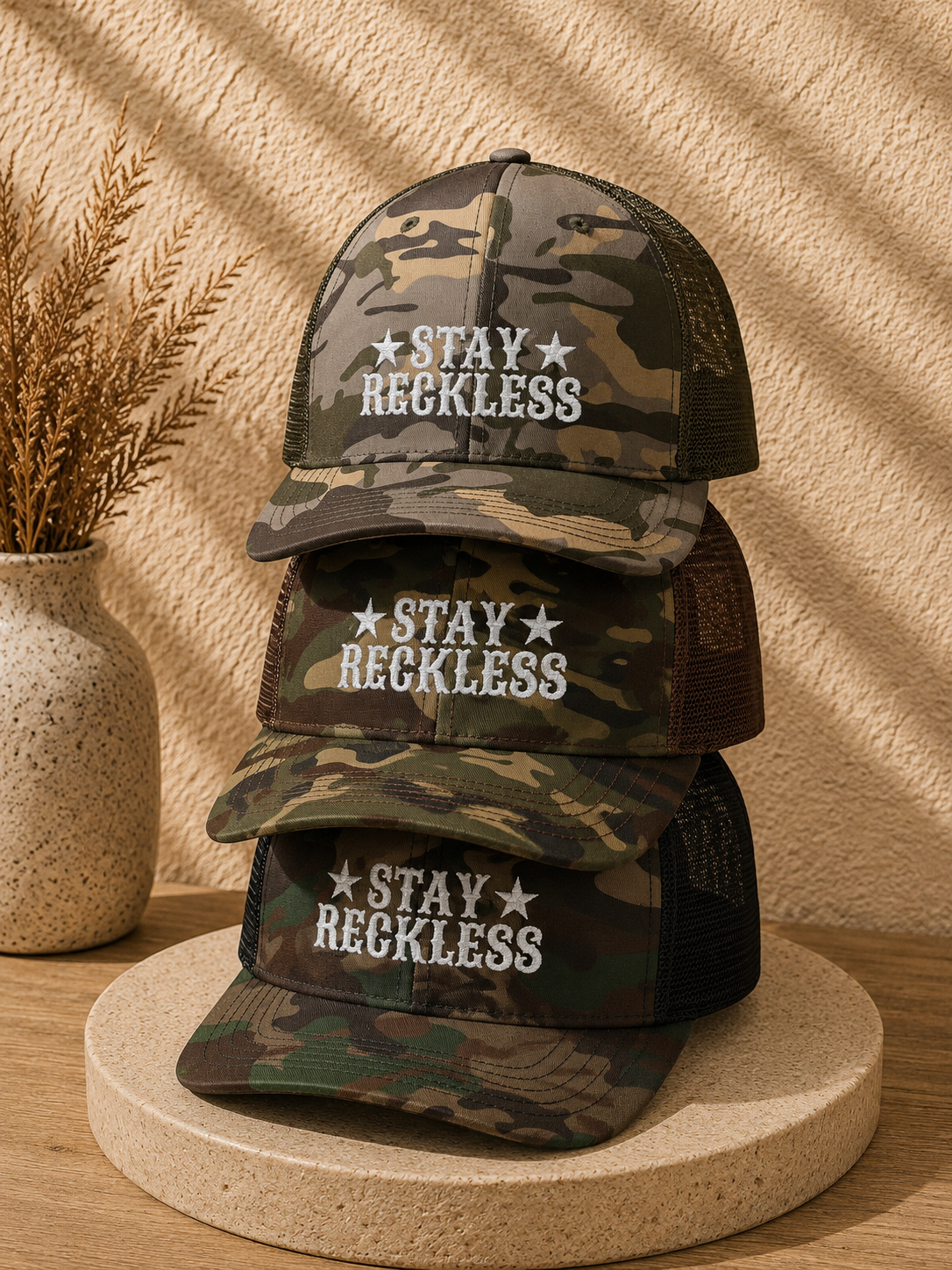 Camouflage Trucker Hat – Embroidered “Stay Reckless” Military Camo Cap