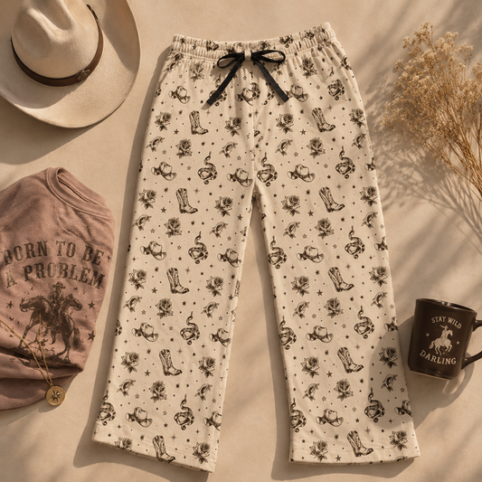 🌾 Golden Hour Lounge Pants — Vintage Cowboy Boot & Floral All-Over Print Lounge Pants