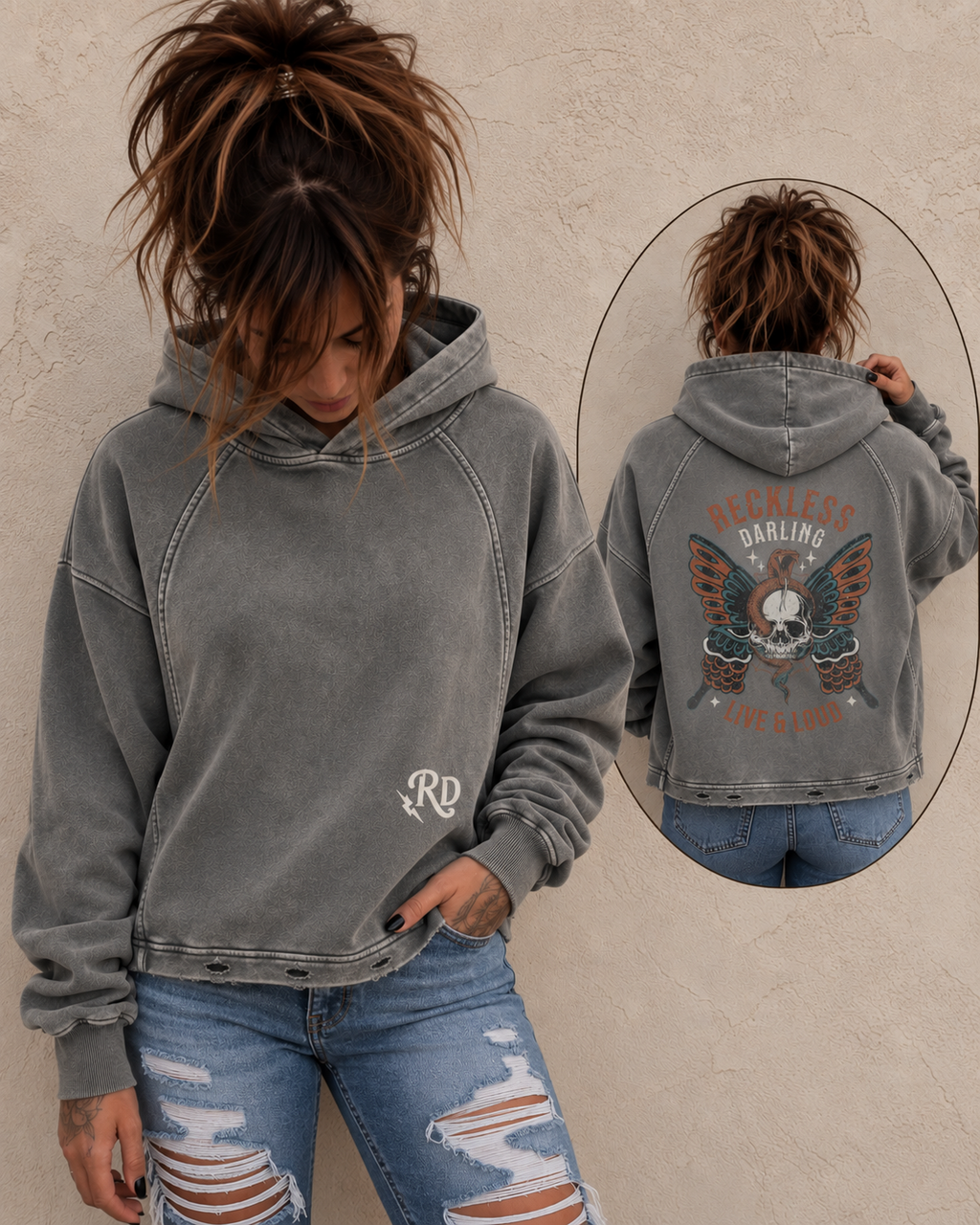 Reckless Darling Vintage Washed Frayed-Hem Hoodie