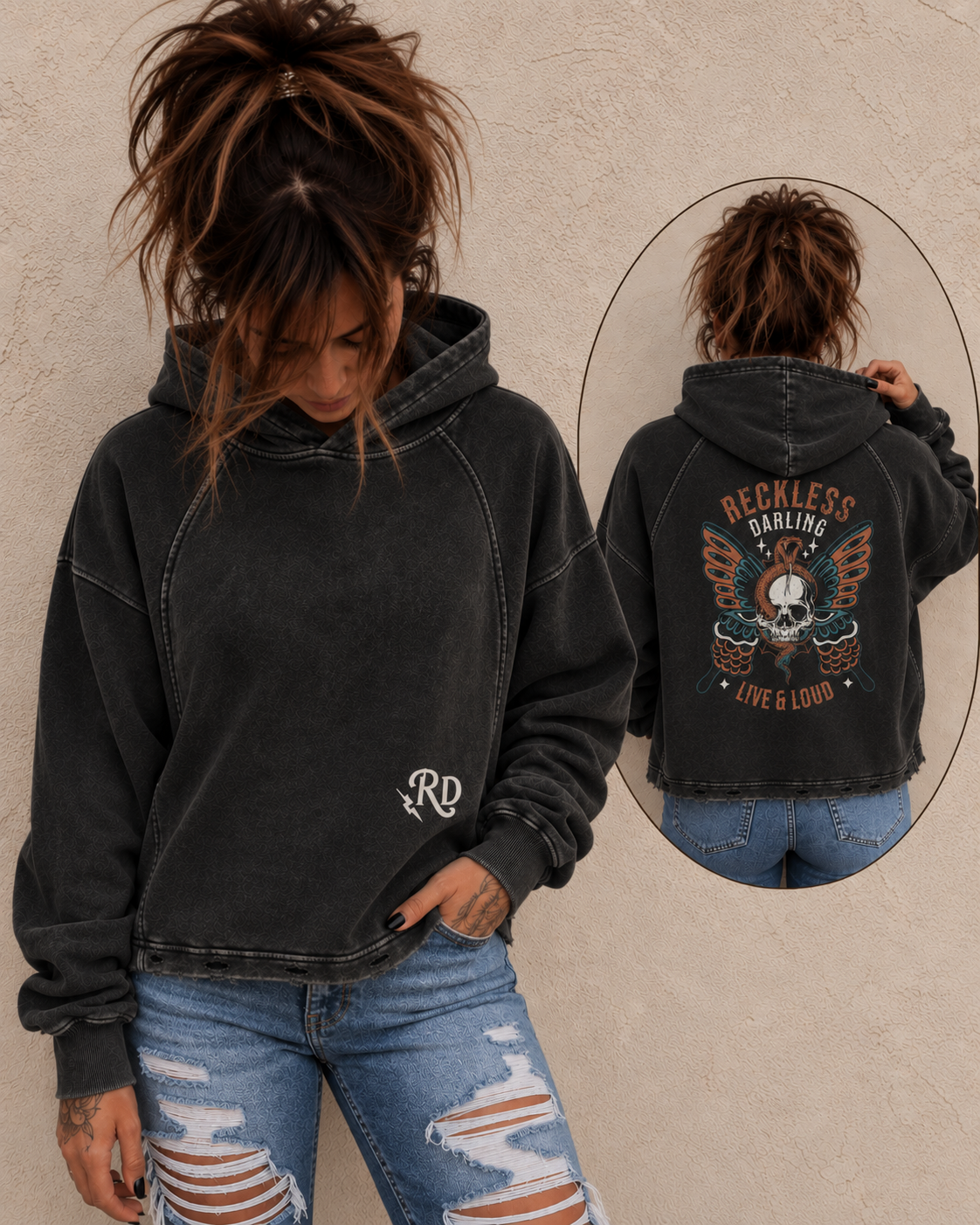 Reckless Darling Vintage Washed Frayed-Hem Hoodie