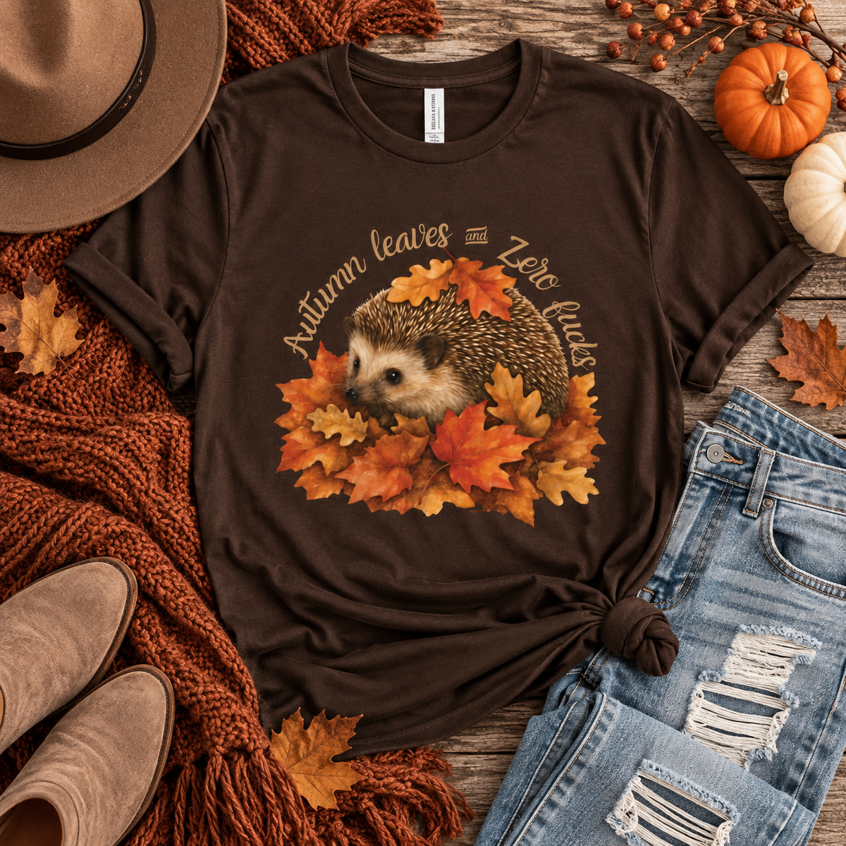 Autumn Leaves and Zero Fucks Hedgehog Fall T-Shirt