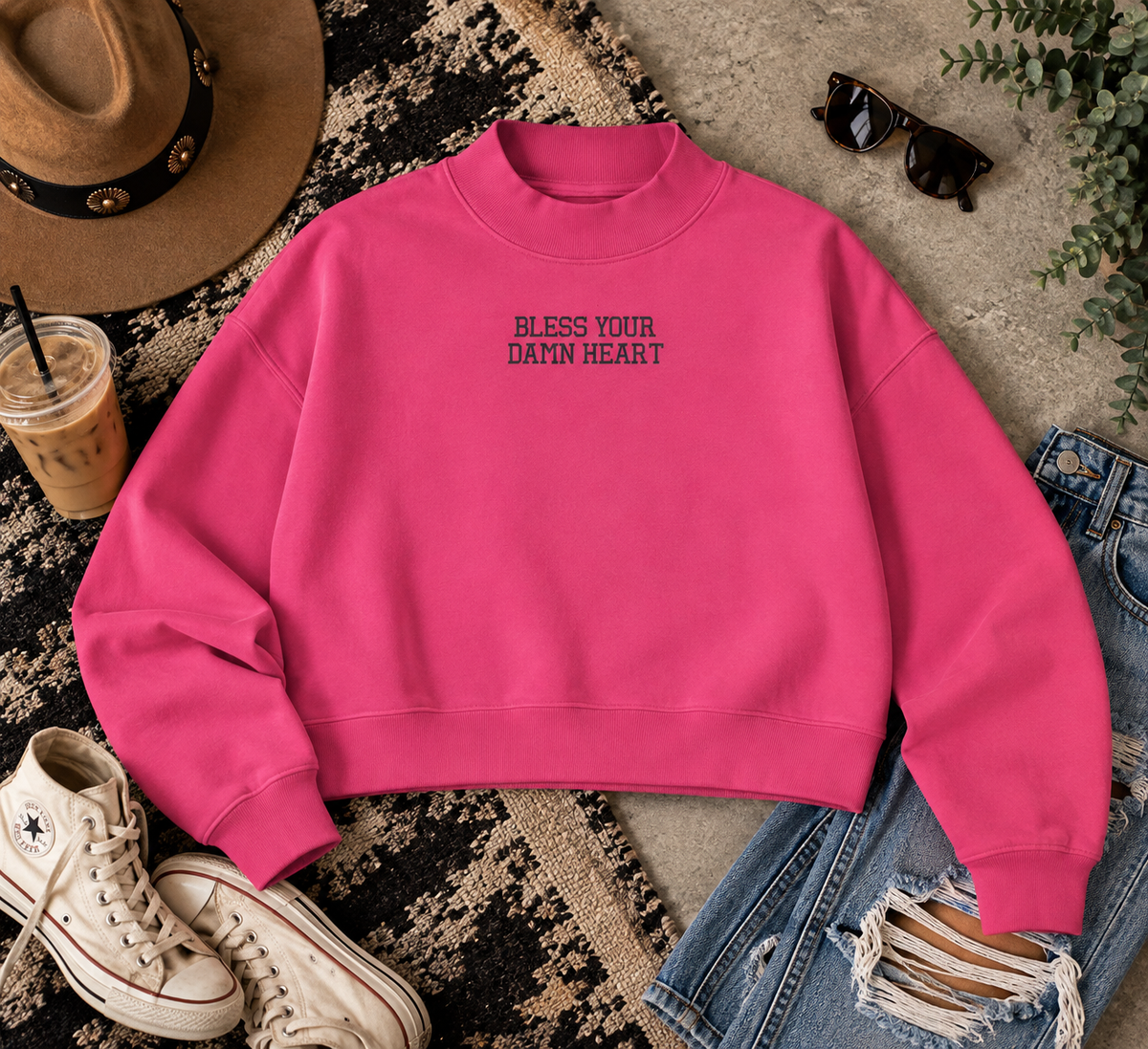 Bless Your Damn Heart Embroidered Fleece Mock-Neck Crew Sweatshirt