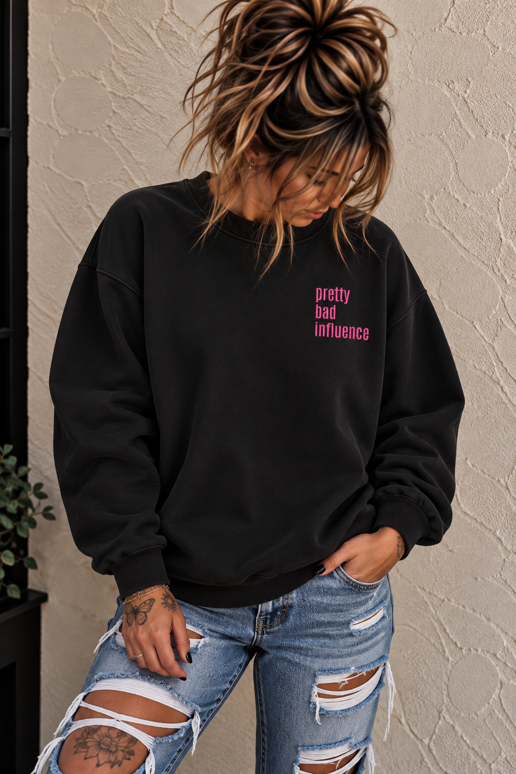 Pretty Bad Influence Embroidered Sweatshirt | Black