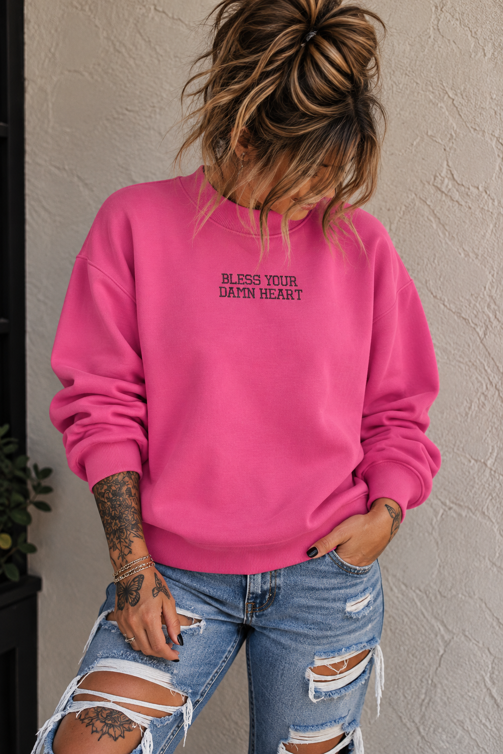 Bless Your Damn Heart Embroidered Fleece Mock-Neck Crew Sweatshirt