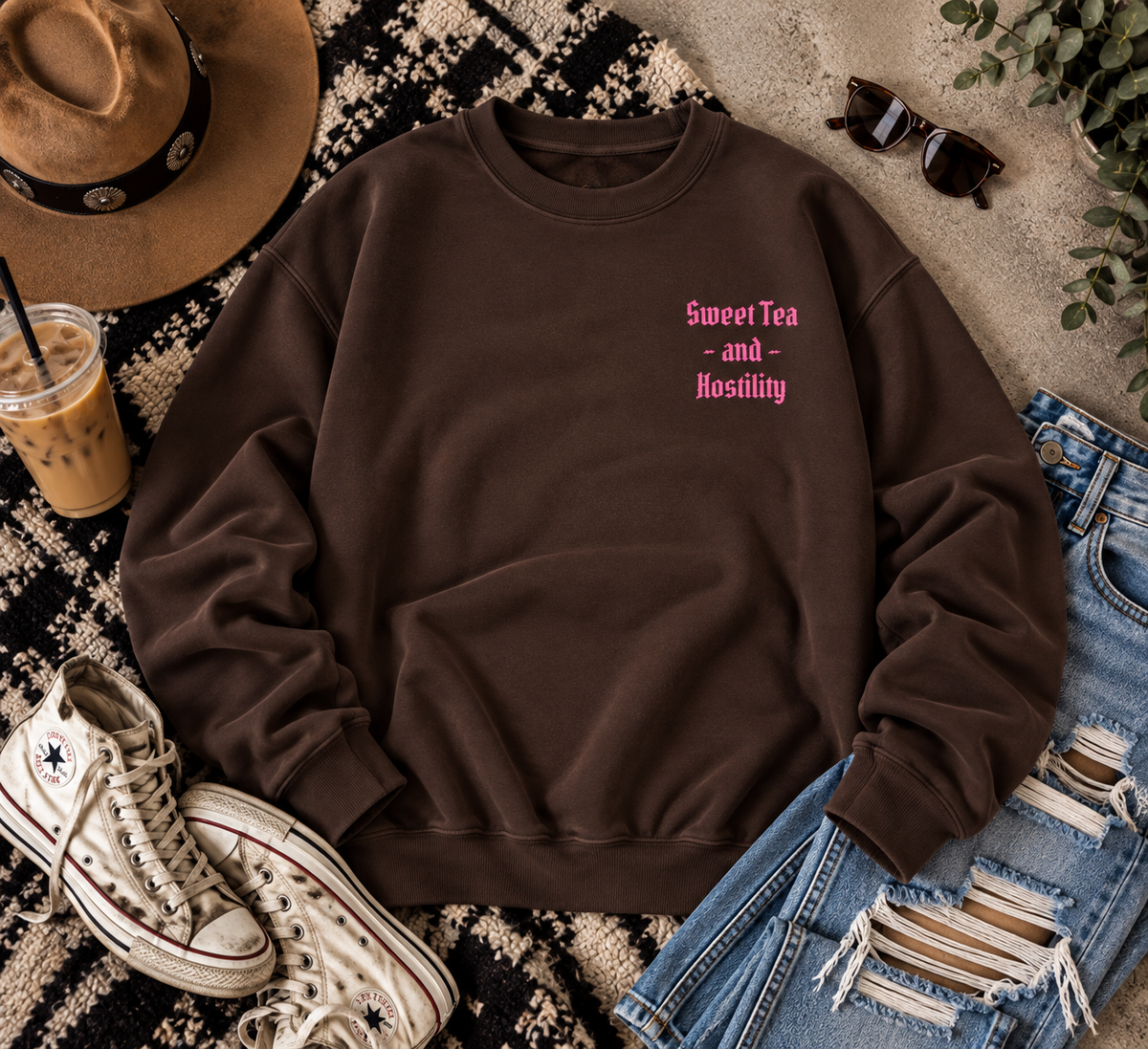 Sweet Tea & Hostility Embroidered Sweatshirt | Chocolate Brown