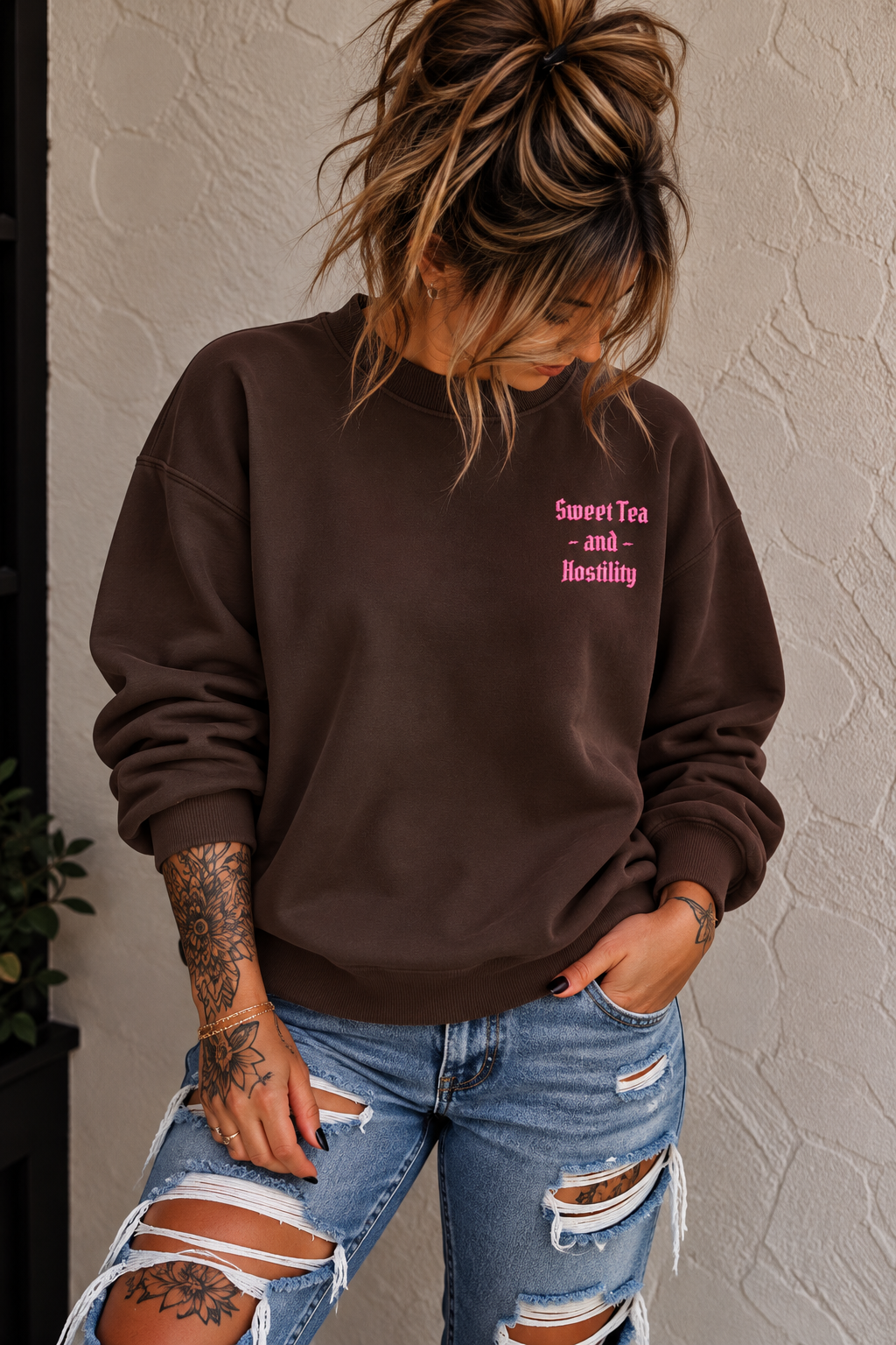 Sweet Tea & Hostility Embroidered Sweatshirt | Chocolate Brown