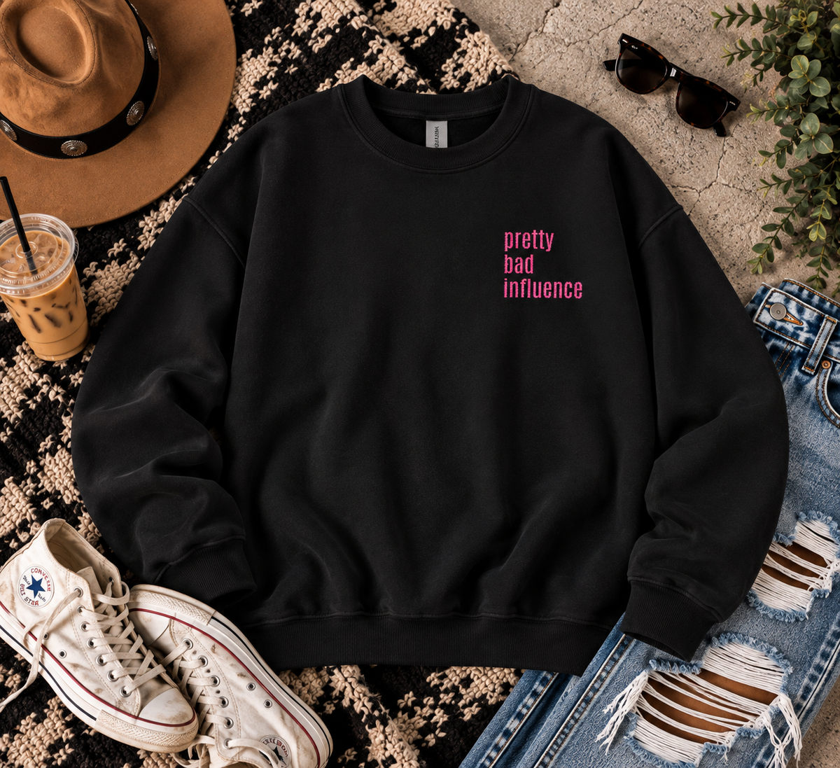 Pretty Bad Influence Embroidered Sweatshirt | Black