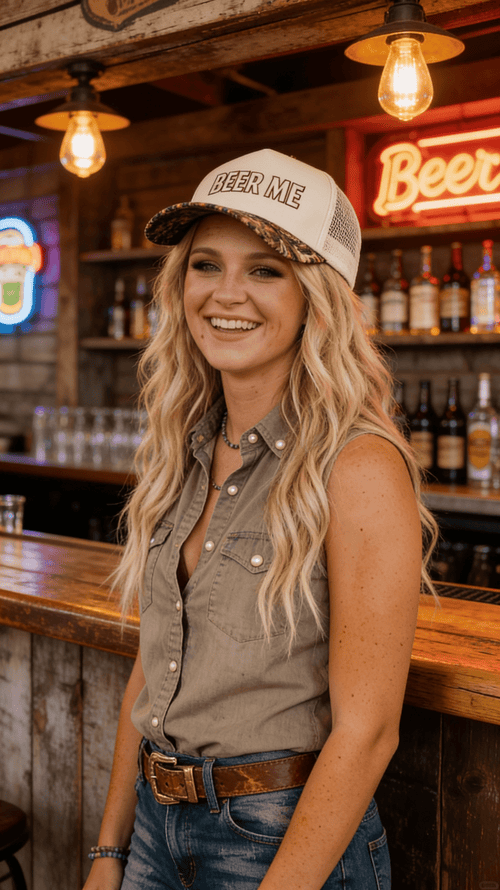 "Beer Me" Embroidered Trucker Hat — Leopard or Camo with Adjustable Strap & Breathable Mesh