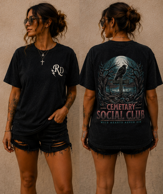 Cemetery Social Club Graphic Tee — Raven Moon Vintage Horror T-Shirt