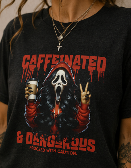 Caffeinated & Dangerous T‑Shirt – Funny Horror Coffee Tee