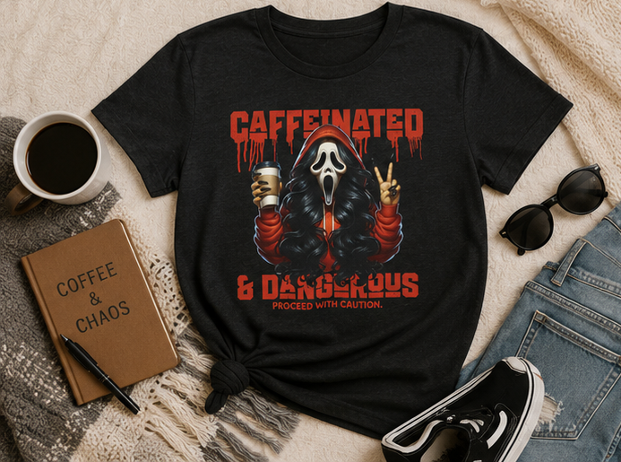 Caffeinated & Dangerous T‑Shirt – Funny Horror Coffee Tee