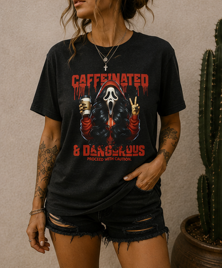 Caffeinated & Dangerous T‑Shirt – Funny Horror Coffee Tee