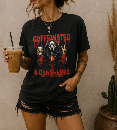 Caffeinated & Dangerous T‑Shirt – Funny Horror Coffee Tee