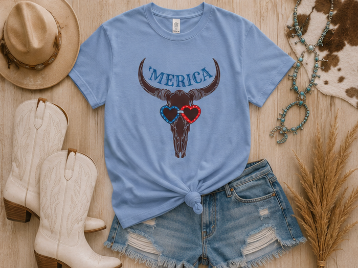 'Merica Longhorn T-Shirt — Patriotic Skull with Red & Blue Heart Sunglasses
