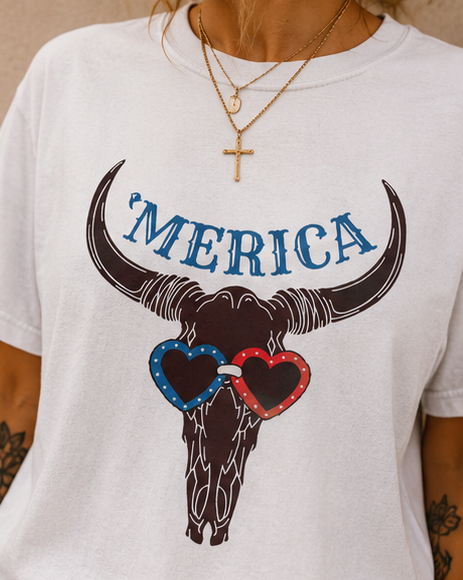 'Merica Longhorn T-Shirt — Patriotic Skull with Red & Blue Heart Sunglasses