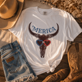'Merica Longhorn T-Shirt — Patriotic Skull with Red & Blue Heart Sunglasses