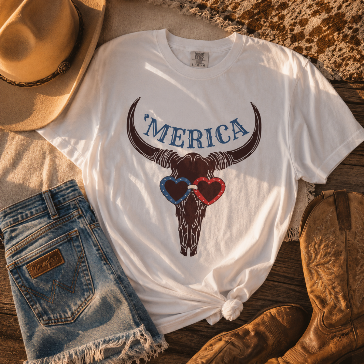 'Merica Longhorn T-Shirt — Patriotic Skull with Red & Blue Heart Sunglasses