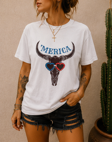 'Merica Longhorn T-Shirt — Patriotic Skull with Red & Blue Heart Sunglasses