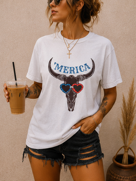 'Merica Longhorn T-Shirt — Patriotic Skull with Red & Blue Heart Sunglasses