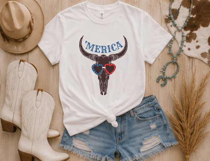 'Merica Longhorn T-Shirt — Patriotic Skull with Red & Blue Heart Sunglasses