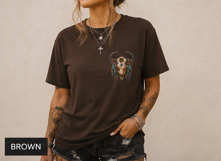 Western Rebel Mama T-Shirt — Buffalo Skull with Feathers Graphic
