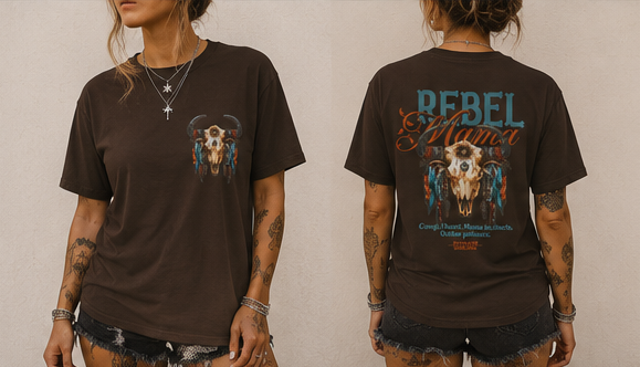 Western Rebel Mama T-Shirt — Buffalo Skull with Feathers Graphic