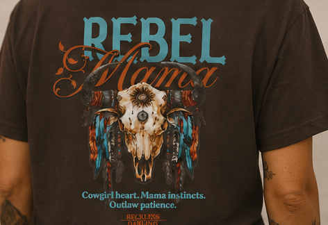 Western Rebel Mama T-Shirt — Buffalo Skull with Feathers Graphic
