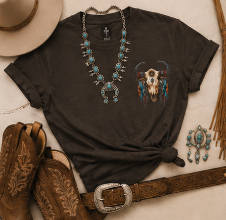 Western Rebel Mama T-Shirt — Buffalo Skull with Feathers Graphic