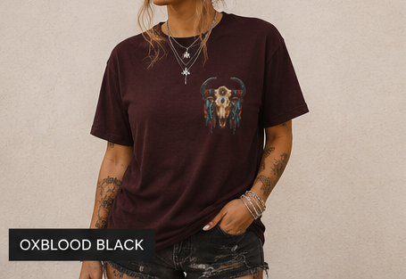 Western Rebel Mama T-Shirt — Buffalo Skull with Feathers Graphic