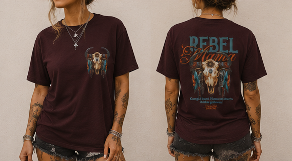 Western Rebel Mama T-Shirt — Buffalo Skull with Feathers Graphic