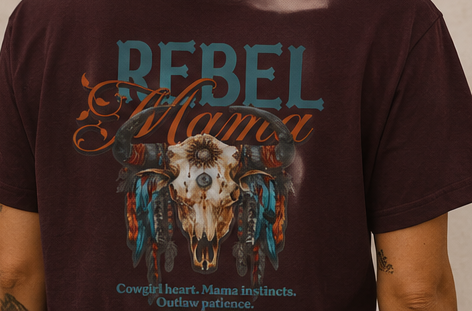 Western Rebel Mama T-Shirt — Buffalo Skull with Feathers Graphic