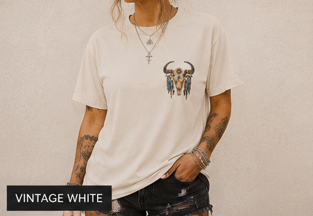 Western Rebel Mama T-Shirt — Buffalo Skull with Feathers Graphic