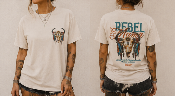 Western Rebel Mama T-Shirt — Buffalo Skull with Feathers Graphic