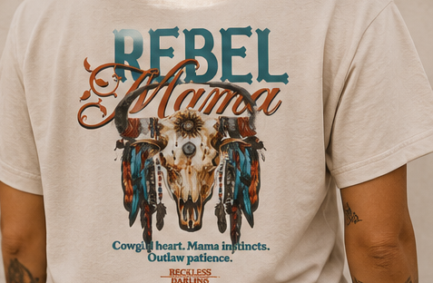 Western Rebel Mama T-Shirt — Buffalo Skull with Feathers Graphic