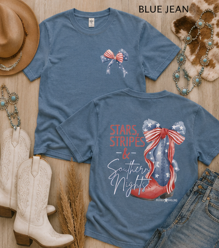 Patriotic Cowboy Boot T-Shirt — "Stars, Stripes & Southern Nights" Design