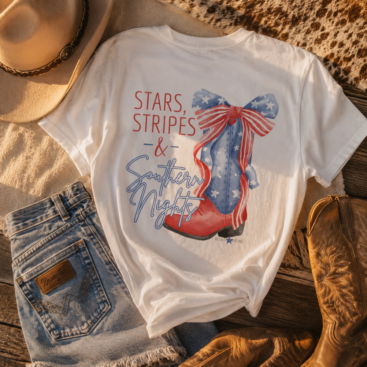 Patriotic Cowboy Boot T-Shirt — "Stars, Stripes & Southern Nights" Design