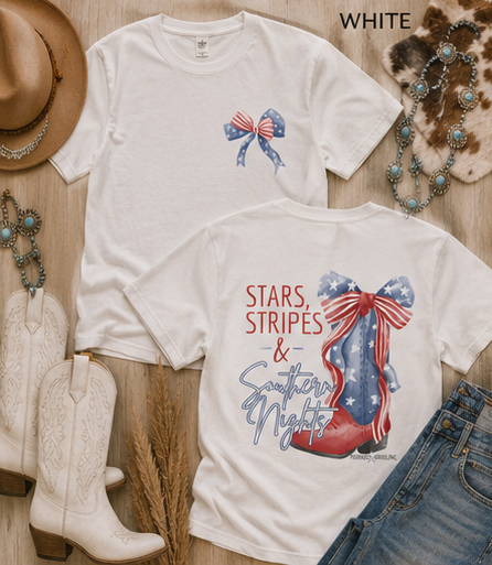 Patriotic Cowboy Boot T-Shirt — "Stars, Stripes & Southern Nights" Design