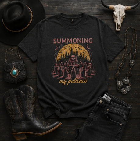 Summoning My Patience T-Shirt — Funny Occult Tee for Witchy Fans
